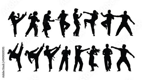 Collection of diverse martial arts and dance silhouettes depicting various energetic poses and movement techniques