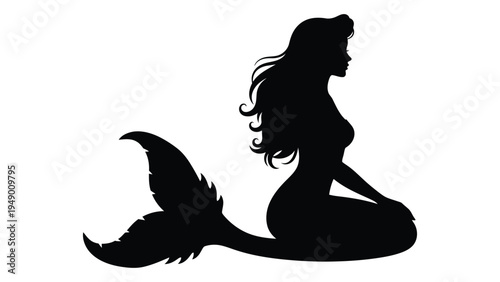 A serene silhouette of a mermaid sitting in a meditative pose with her long flowing hair and shimmering tail against a pure white background