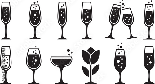 Black and white champagne glasses celebration toast icons set
