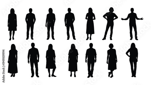 Collection of diverse human silhouettes in various poses and attire for design and illustration purposes