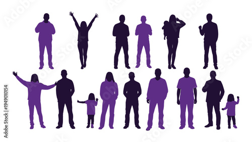 A diverse group of people in various poses and sizes, showcasing unity and individuality in a single frame with different shades of purple silhouettes