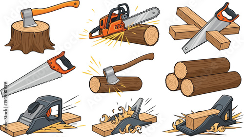 Woodworking tools and timber cutting equipment set including axe chainsaw hand saw plane and logs carpentry flat vector illustration