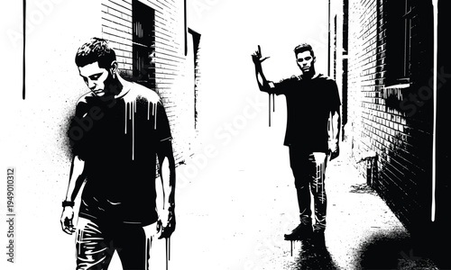 Black and white urban street scene with anonymous men walking in alley, gritty stencil style vector illustrationBlack and white urban street scene with anonymous men walking in alley, gritty stencil s