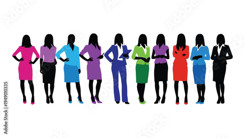 Diverse group of professional women in various colorful business attire standing in a row with confidence and poise on a white background