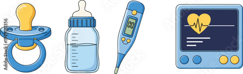 Baby healthcare and nursery equipment icons including pacifier milk bottle digital thermometer and heart monitor flat vector illustration pediatric care concept