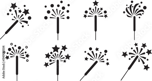 Black Firework Stick Illustrations on White Background Set