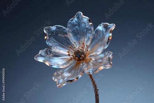 An elegant luxury gold ring featuring a shiny diamond gem rests beside a crystal glass ornament and a winter flower, creating a beautiful holiday gift design