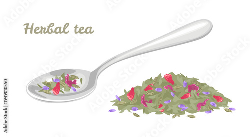 Dried herbal tea mix with lavender and flower petals in a silver spoon. Vector cartoon flat illustration.