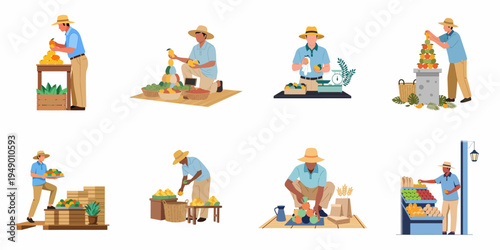 Illustrations of vendors selling fresh mangoes in various market settings, featuring farmers, street stalls, and crates of tropical fruit.