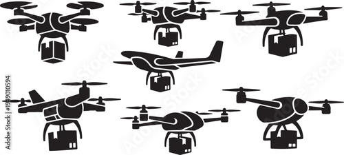 Multiple black drone silhouettes flying in formation together