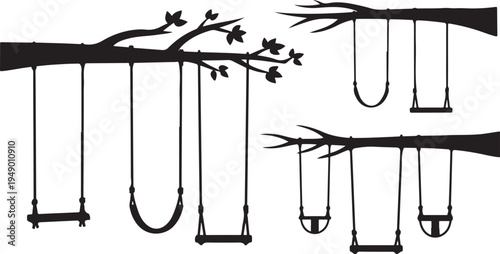 Black and white illustration of swings hanging from tree