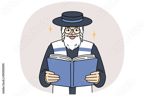 Old jewish man reads torah, studying gospel or prayers for shabbat visit to synagogue. Orthodox jewish in hat and blue and white vest in process of worship during holiday celebration of hanukkah