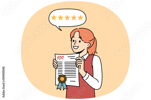 School girl received 100 points for educational test, for accelerated promotion to next grade. School girl demonstrates certificate of victory in olympiad and intellectual superiority over peers