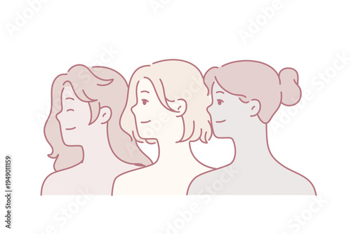 Diverse multiracial beautiful women with bare shoulders look one way and smile. Faces of multiethnic girls for concept of feminism or struggle for women freedom. Flat vector illustration