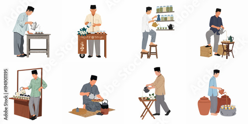 Illustrations of Javanese men in traditional attire preparing and serving tea or coffee in various traditional settings.