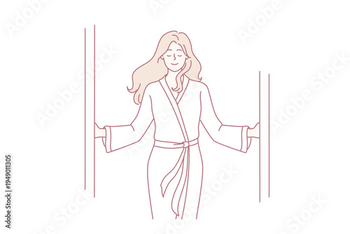 Woman in white coat comes out of shower with satisfied expression feels relieved and gratification. Girl in bathrobe while visiting SPA center looks forward to pleasant procedures. Flat vector image