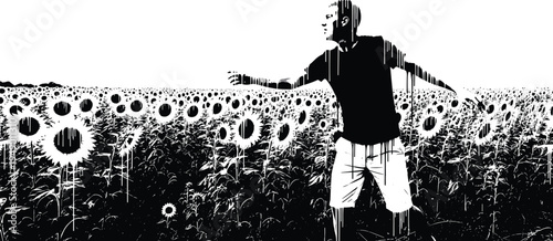 Black and white vector illustration of a man walking through a sunflower field, reaching out to nature.Black and white vector illustration of a man walking through a sunflower field, reaching out to n