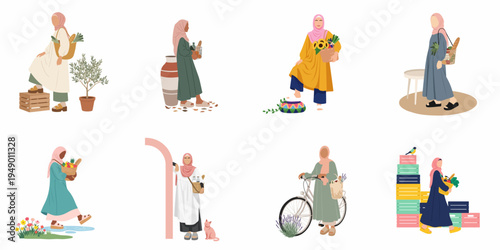 Set of eight flat minimalist illustrations featuring Muslim women wearing hijabs, engaged in daily activities like shopping for groceries, cycling, and walking.