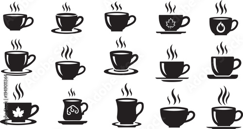 Collection of steaming coffee cups and saucers icons set