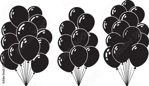 Black balloons tied in bunches on white background illustration
