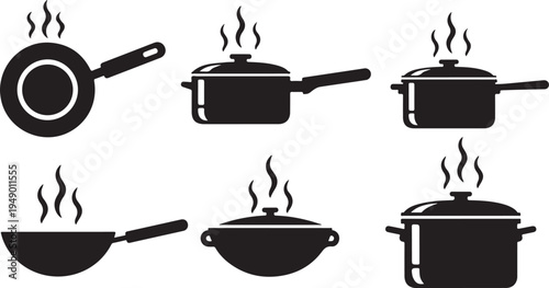Black silhouettes of various cooking pots and pans icons