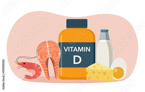 A jar of vitamin D in tablets or capsules and foods enriched with it. Sea food, fish, meat, dairy products, eggs and vegetables set. Isolated vector illustration, hand drawn, flat