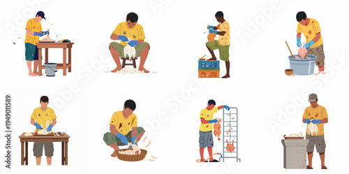 Set of vector illustrations showing different methods and stages of manually plucking and processing chickens by workers in a flat design style.