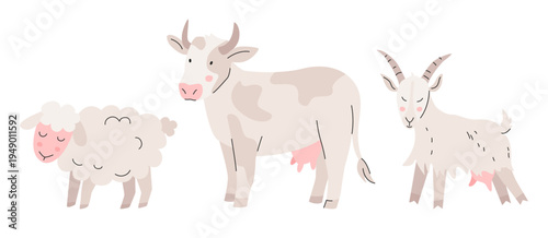 Cute Goat, Sheep, Cow, village farm animals. Domestic animals. Farming. Kids flat vector illustrations isolated