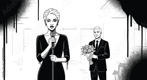 Black and white vector illustration of a woman giving a speech while a man stands with flowers in the background.Black and white vector illustration of a woman giving a speech while a man stands with 