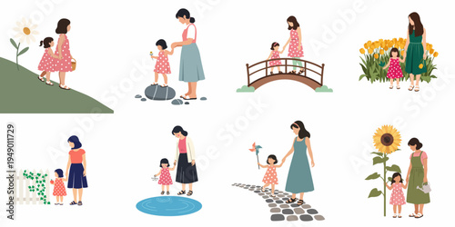 Flat vector illustrations set of a mother and daughter bonding through various outdoor activities like walking, gardening, and playing in nature.