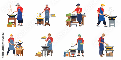 Set of illustrations depicting male street food vendors in Bali cooking traditional Indonesian fried bananas in woks over open outdoor stoves.