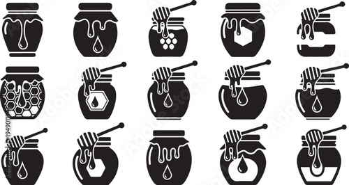 Black and white honey jar icons with drips and spoons