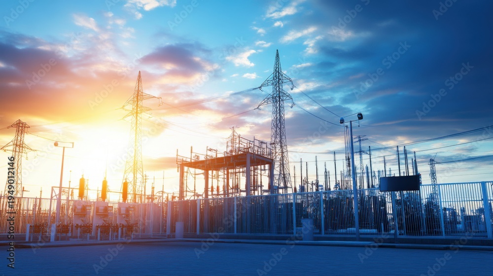 Naklejka premium Electrical Power Substation Infrastructure at Sunrise