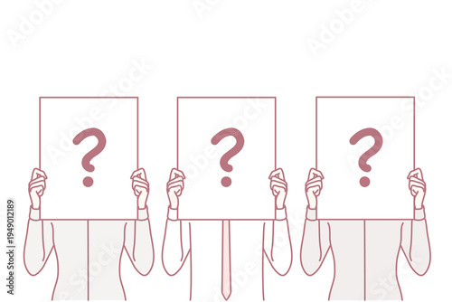 Several people stand side by side and cover faces with paper with question mark for recruitment business concept. Metaphor of searching for candidate for vacant position in company. Flat vector image