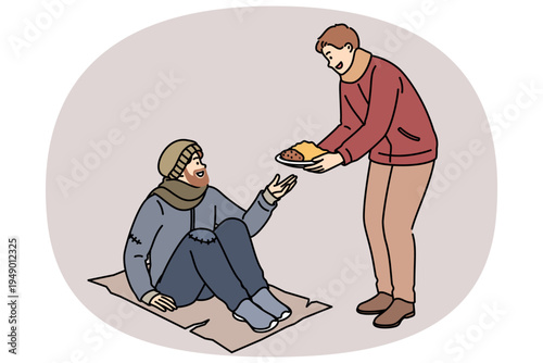 Human feeds homeless man to save poor person from starvation or freezing on street. Guy hands plate of food to homeless man, showing kindness and empathy, to bankrupt and fired male