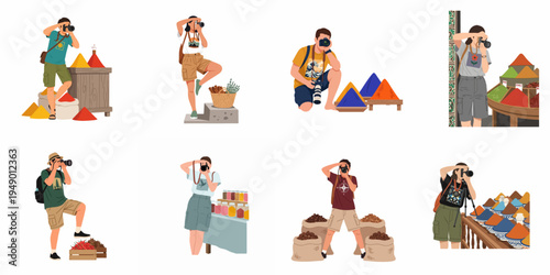 Set of flat vector illustrations featuring various photographers taking pictures of colorful spices and goods at a vibrant traditional market.