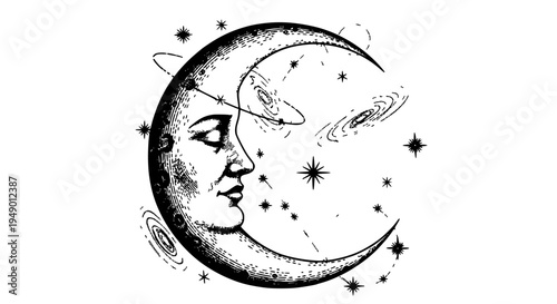 Moon crescent with face and stars in space, celestial body illustration featuring galaxy, planets, astronomy with lunar