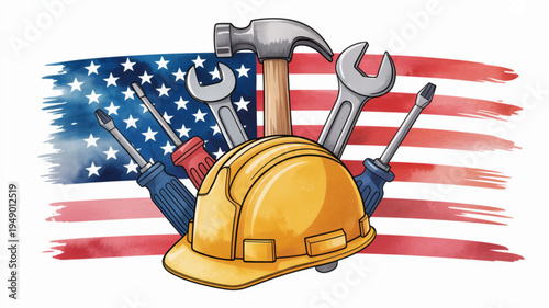 American construction tools and hard hat with usa flag background symbolizing labor and industry