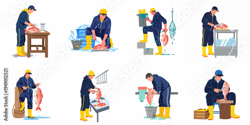 Collection of flat vector illustrations depicting fishermen and fishmongers cleaning, gutting, scaling, and processing fresh red snapper in various poses.