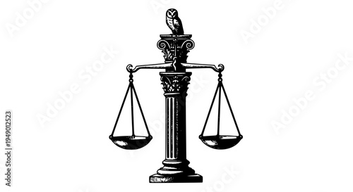 Scales of justice with owl on top and decorative column base in black featuring law, balance, fairness with equality