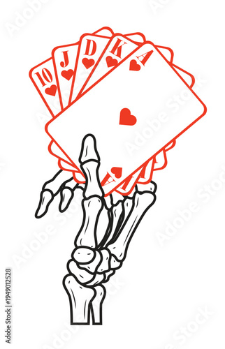 Skull hand Royal flush hand whit the symbol heart