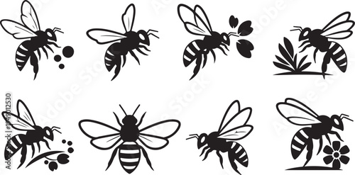 Collection of black bee silhouettes on white background