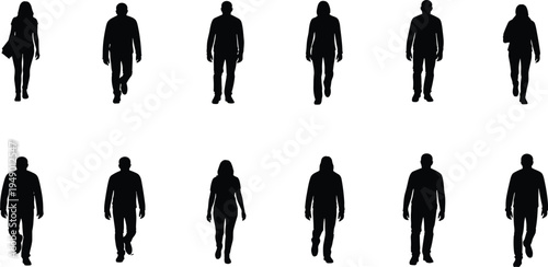 Silhouettes of twelve diverse people walking forward in two rows, highlighting unique postures, human gait patterns, motion tracking, and identity recognition for research and design.