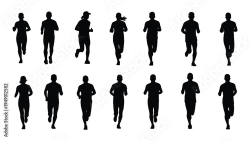 Collection of black silhouette images of men running in various poses and outfits
