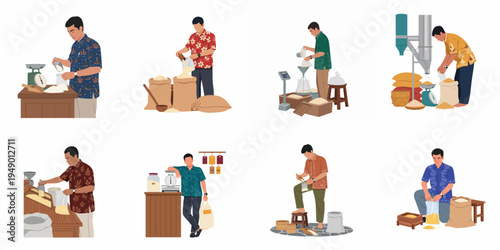 Collection of flat vector illustrations depicting Indonesian men in batik shirts working as traditional rice sellers, weighing and packaging grains.