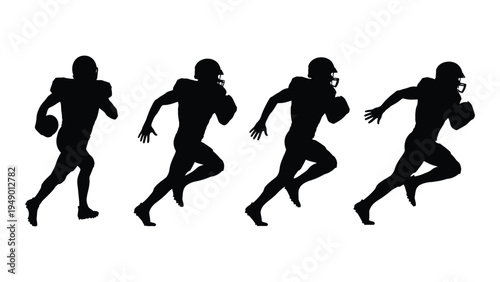 American football players in motion, dynamic silhouette sequence of four athletes running with the ball in a straight line