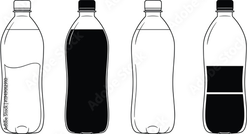 Plastic water bottle set soda drink container collection with liquid levels and cap silhouette cad drawing flat vector illustration isolated on white background.