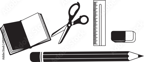 Set of 5 black and white school stationery icons vector