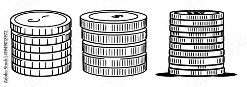 Coins set with flat vector icon of a stack of silver coins featuring finance, savings, iconography with minimalist 2D and white background