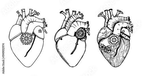 Mechanical heart set with ornate Victorian line art featuring mechanical heart, industrial romance aesthetic, detailed engraving with white background and line detailing